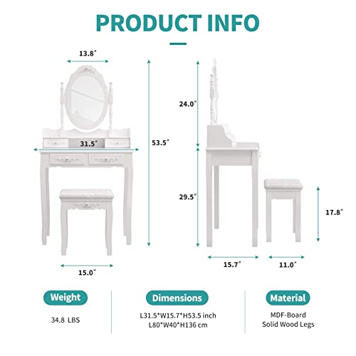 Vanity Desk with Mirror and Lights, Cushioned Stool Set with 4 Drawers | Modern Makeup Table and 3 Color Lighting Modes with Adjustable Brightness, Dressing Table Set for Bedroom, White - color: White