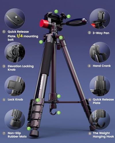 CAMBOFOTO 74"-Camera-Tripod, Porfessional Aluminum Heavy Duty Tripod Stand for Mirrorless Camera/DSLR/Cell Phone/Camcorder, with Holder and Travel Bag | Heavy‐Duty Tripod Stand for DSLR & Mirrorless Cameras/Smartphones/GoPro, with 360° Pan Head/Phone Moun