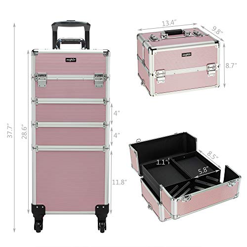mefeir 4 in 1 Rolling Makeup Train Case, Aluminum Makeup Travel Organizer Cosmetic Case, Cosmetology Display Suitcase on Wheels, Beauty Storage Luggage Lockable w/4 Removable Wheels (Pink) - color: Pink