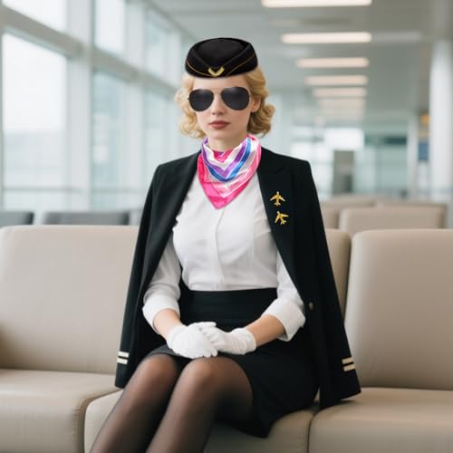 5 Pcs Flight Attendant Costume Accessories Women Airline Stewardess Outfits Flight Attendant Hat Pin Sunglasses Scarf Gloves - color: Black