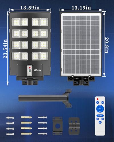 Ofuray Solar Street Lights Outdoor, Of-2600W Commercial Parking Lot Light | Solar Flood Light, LED Area Light with Motion Sensor, Dusk to Dawn, Remote Control for Security Lighting in Streets, Barns - size: 3XM