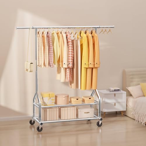 EAGMAK Heavy Duty Clothes Rack Load 556 LBS, Rolling Clothing Rack With Shelves, Height Adjustable Metal Clothes Hanger with Wheels Portable Wardrobe Organizer Garment Rod for Hanging Clothes (Silver) - color: Silver, style: 2 Shelves