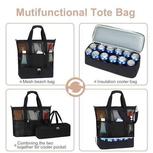 Bluboon Mesh Beach Tote Bag with Cooler Compartment Insulated Detachable Picnic Bag with Zipper and Pocket Pool Bag for Women - color: Black B