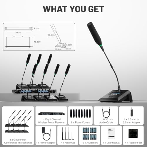 Phenyx Pro 8-Ch UHF Auto Scan Wireless Conference Microphone System PTC-8 | 8 x 25 Frequencies, 328 ft, IR Sync, Mute, 8 Gooseneck Mics for Lecture, Church, Podium, Public Speaking, Meeting, Classroom