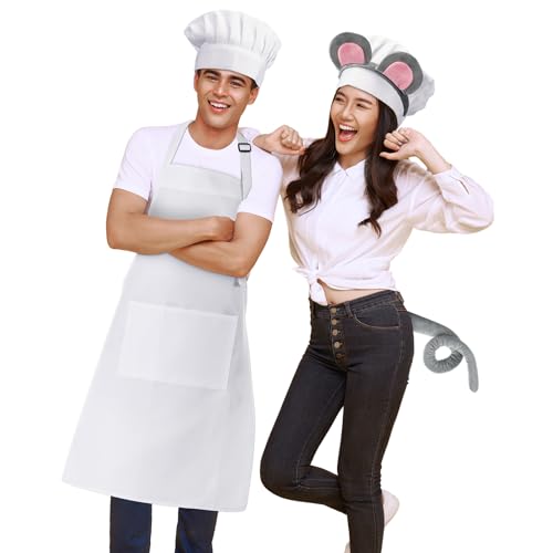 Ramede 6 Pcs Halloween Mouse Couple Chef Costume Accessories for Adult Include Mouse Headband Tail Bow Socks Adjustable Chef Hat Apron for Women Men Halloween Cosplay Party Dress Up