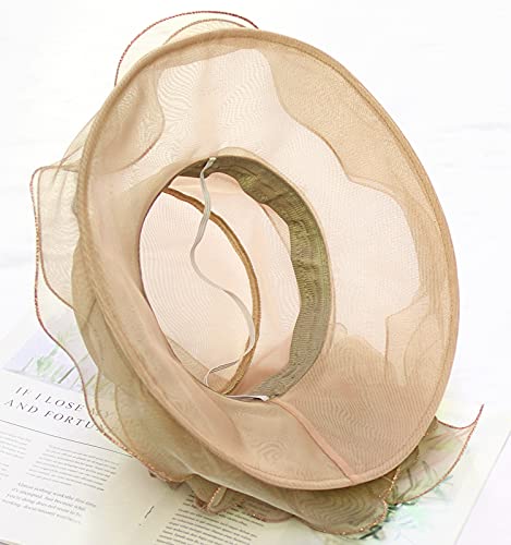 Women Derby Fascinator Hat Organza Church Wedding Hats Wide Brim Cocktail Tea Party Hat - color: 07 Khaki