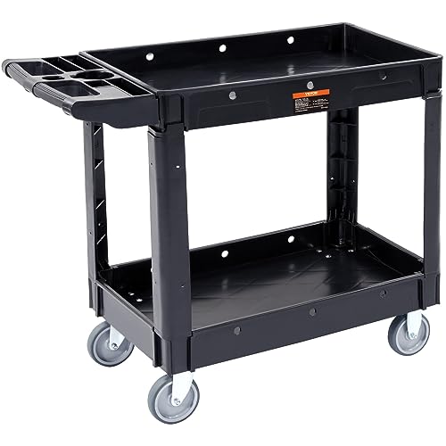 VEVOR Utility Service Cart, 2 Shelf 550LBS Heavy Duty Plastic Rolling Utility Cart, Medium Lipped Shelf, 360° Swivel Wheels, Ergonomic Storage Handle for Warehouse Garage, Black | Heavy Duty Rolling Cart with 360° Swivel Wheels, Medium Lipped Shelf, Ergon