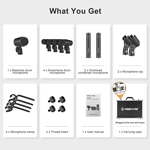 Phenyx Pro Drum Microphone Kit, 7-Piece Full Metal Wired Dynamic Mic Set for Bass/Tom/Snare/Hi-hat Cymbals, with Carrying Case, Holders, and Threaded Clips (PTD-10)