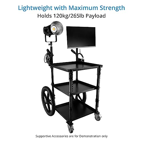 PROAIM Soundchief OG Sound Cart, 14U Rack Mount, 120kg/265lb, Collapsible | Aluminum build with 3 trays; adjustable middle shelf; 20 inch pneumatic rear wheels; 3 inch swivel front wheels; cable hooks