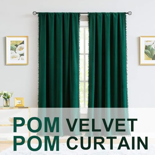 Green Pom Pom Velvet Curtains for Living Room Christmas 2"x 63" 2pcs Kids - color: Pom Pom- Green 2, size: 42"W x 63"L (Pack of 2)