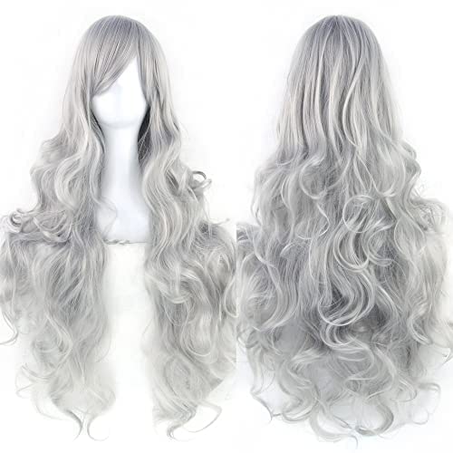 IMISSU 80cm Long Curly Natural Hair Cosplay Wig with Bangs Colorful Halloween Costume Party Wigs for Women (Gray) - color: Gray
