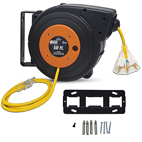 50 ft - 14 Gauge Retractable Extension Cord Reel - Heavy Duty Cable Reel w/Multi Outlet Lighted Receptacle - Premium Grade 13 Amp Extension Cord Retractable Reel w/Mounting Kit - by Watt's Wire