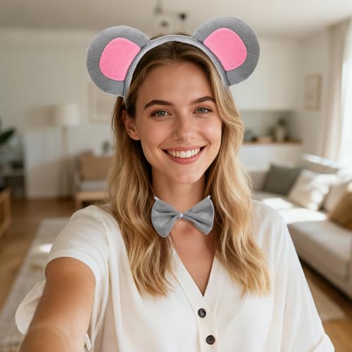 3Pcs Mouse Ears Headband Costume Accessories Set, Grey Rat Ears Headband, Bow Tie and Rat Tail Animal Fancy Dress for Women Men Halloween Christmas Cosplay Party Supplies