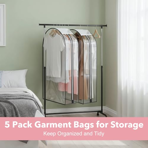 5 Pack 60" Large Clear Garment Bags for Hanging Clothes Storage, 10" Gusseted Large Capacity Garment Rack Cover, Hanging Clothing Bag for Dress Gowns, Coats, Suit, Down Jacket
