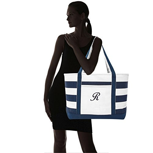 DALIX Premium Beach Bags Striped Navy Blue Zippered Tote Bag Monogrammed A - Z - color: R