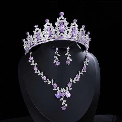 Kamirola Tiaras and Crowns for Women,Tiaras Earrings Necklace, Crystal Bridal Jewelry Set, Costume Party Halloween Prom Pageant Jewelry for Women(TR45) - color: Silver Purple