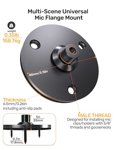 Gooseneck Mic Flange Mount with Anti-Slip Pad, 5/8 Male Thread, Metal Base
