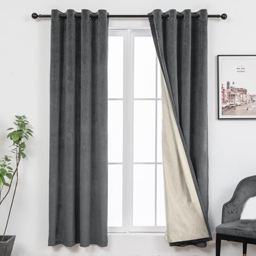 100% Full Blackout Velvet Curtains with Liner 52x84 Long Dark Gray - color: Dark Gray, size: 52"W x 84"L (Pack of 2)