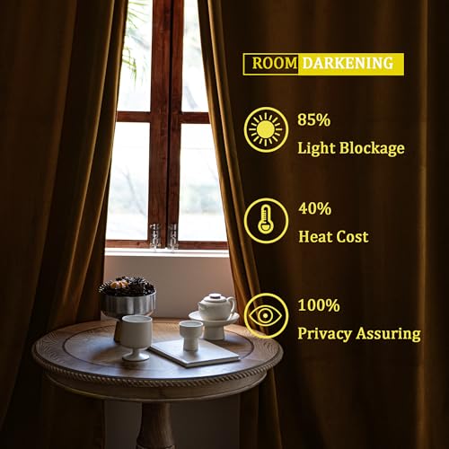 YOFUN 90 inches 2 Panels, Golden Brown Blackout Luxury Velvet Curtains Thermal Insulated Heat Block Soundproof Window Panels Soft Drapes for Bedroom Living Room, Rod Pocket & Back Tab, W52 x L90 - color: Golden Brown, size: 52"W x 90"L (Pack of 2)
