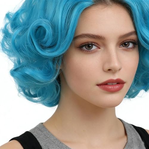 Short Curly Blue Wigs Halloween Costume For Women Elves Cosplay Drag Queen | Layered Big Wavy Wig Neon Synthetic Wigs Carnival Party Dress Up Heat Resistant Fiber Blue Anime Elves Wigs Turquoise Teal - color: Blue