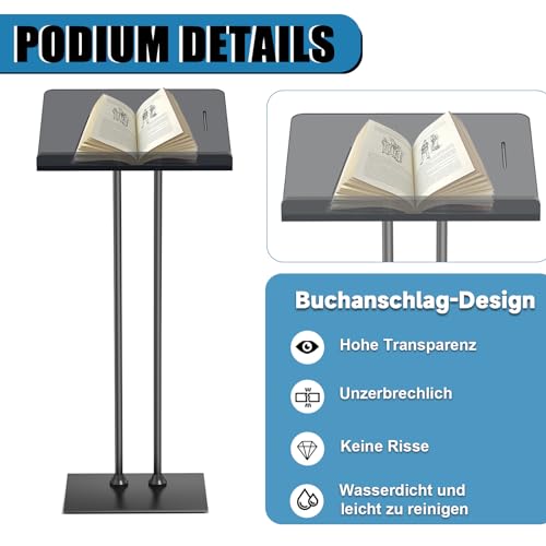 Acrylic Podium Lectern with Iron Stable Bottom, Pulpits for Churches with 10MM Thickened Acrylic Countertop, Multi Function Pulpit for Modern Classroom Music Concert Wedding Conference Event - color: Black