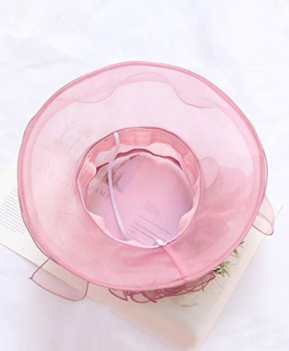 Women Derby Fascinator Hat Organza Church Wedding Hats Wide Brim Cocktail Tea Party Hat - color: 08 Pink