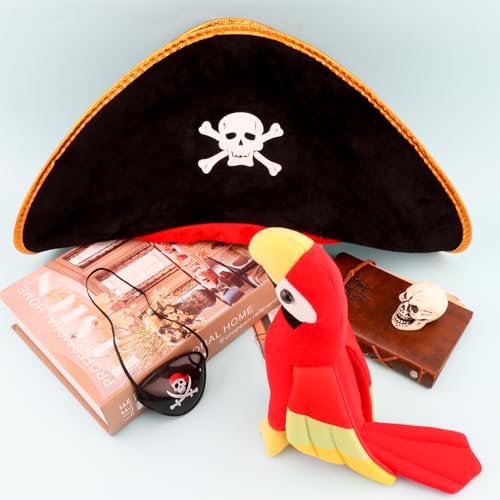 CUBACO Pirate Hat Costume for Cospaly, 3PCS Captain Hat Set Parrot Costume Adult Eye Patch Pirate Accessories Gift for Women Men Halloween School Shows and Theater Performance