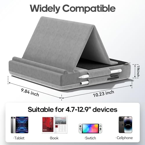 KDD Tablet Pillow Stand, Multi-Angle Viewing Ipad Holder for Lap, Bed and Desk, Foldable Soft Pad Dock with Stylus Mount Compatible with Ipad Pro 12.9, 10.5, 11, Air, Mini, Phones, Books, E-Reader - color: Grey