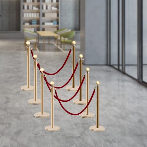 8PCS Gold Stanchions Posts with Velvet Rope, Crowd Control Barriers - color: Gold, Red