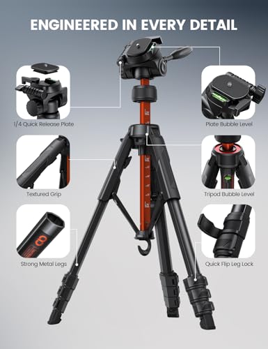 Lamicall Camera Tripod - 17.6LBS Max Load Tripod for Camera with Rapid Leg Deployment Phone Tripods for Video Recording Photo Vlog, 67" Camera Stand with Phone Holder & Carry Bag for DSLR Orange | 17.6LBS Max Load, Ultra Stable Tripod for Camera with Phon
