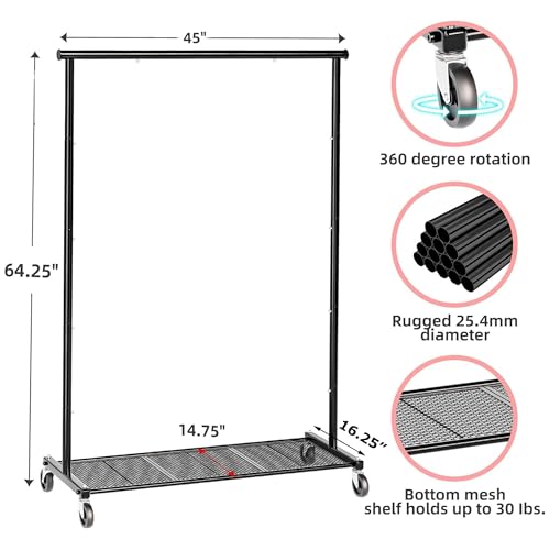 Ekisemio Clothes Rack for Hanging Clothes, 64.25 Inch Clothing Racks with Wheels, Portable Rolling Clothes Garment Rack for Bedroom, Laundry, Living Room, Black - style: Modern