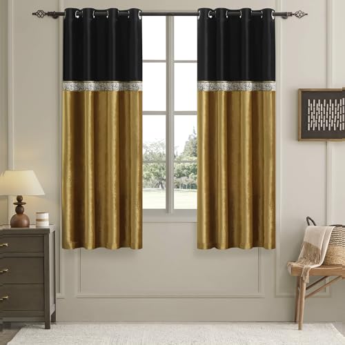 GIGIZAZA Velvet Curtains 63 Inch for Living Room 2 Panels Black Gold - color: Black+gold, size: 52"W x 63"L (Pack of 2)