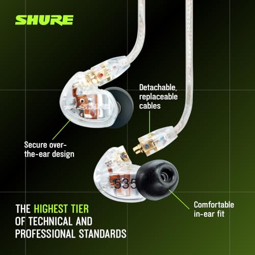 Shure SE535 PRO Sound Isolating Wired Earbuds - Clear | Professional in-ear monitors with three drivers, high-definition sound, natural bass and detachable cable - color: Clear
