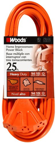 Woods 0825 14/3 Outdoor Multi-Outlet Extension Cord, Orange, 25-Foot - size: 25 ft