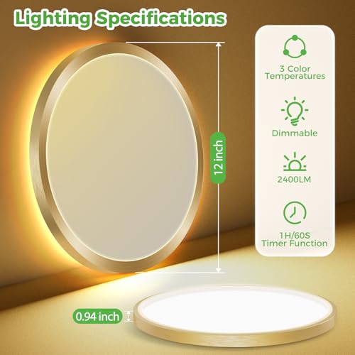 zemty 12 Inch LED Ceiling Light with Night Light 1800K, 3000K/4000K/6500K Dimmable Fixture with Remote Control, Low Profile Lighting for Bedroom Living Room Kitchen - Gold - color: Gold, size: 12in-1Pack