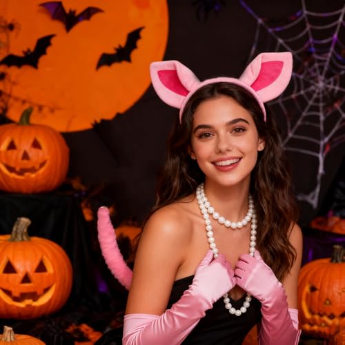 6 Pieces Pig Costume Set Animal Ears Headband with Bow Tie Tail Glove Necklace Halloween Pig Ears Headband Pink Pig Cosplay Set for Cosplay Costume Party Accessories