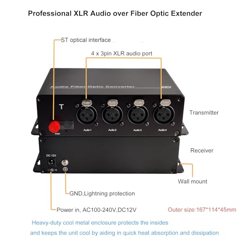 4Port XLR Audio Fiber Converter,Broadcast Grade Balanced 3Pin XLR Audio Over Fiber Extender,ST Optical Transceiver,Singlemode 20Km Multimode 500m Professional Crystal Clear Sound,A Pair - style: 4 Port