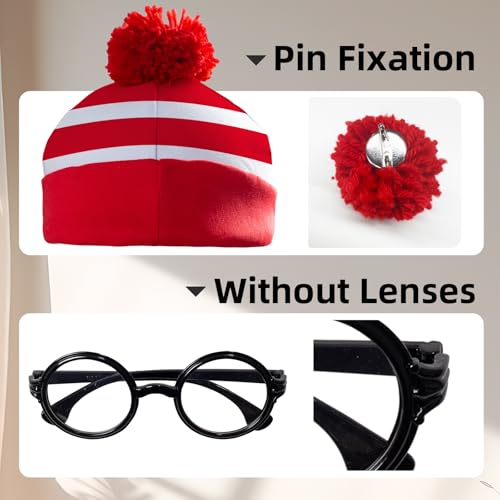 Red White Striped Shirt Costume for Men Halloween Hat Glasses Adult | Halloween Knit Beanie Hat Black Glasses Accessories Adult Carnival Anime Outfit Men - size: X-Large