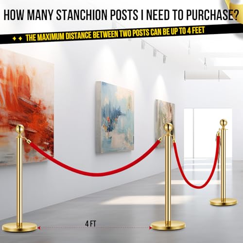 Stanchion Post with Velvet Rope, VIP Stanchion Queue Pole Barrier Posts, Red Carpet Stanchion Set, Gold 8-Pack - color: Gold-8pack
