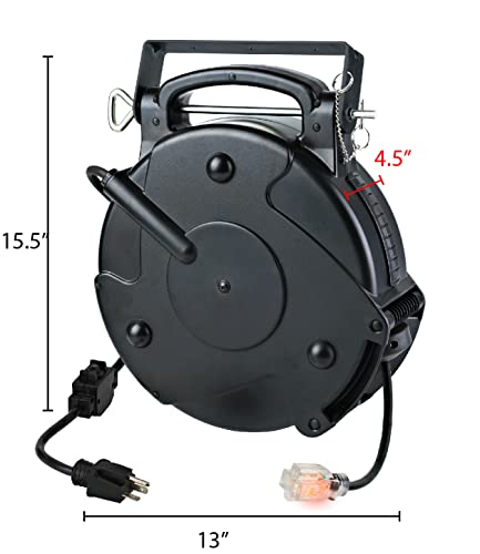 Alert ProReel Professional Grade ProReel 8645TFI Heavy Duty Retractable Extension Cord Reel | 45 Foot 12/3 SJTOW 20 Amp Single Tap Industrial Cord | Clear 5-15R/20R Receptacle with Power On Indicator