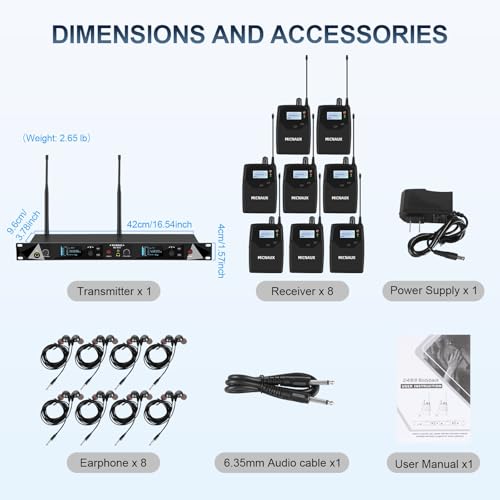 Wireless in Ear Monitor System, Pro Mono IEM System for Musicians - size: 8 bodypack