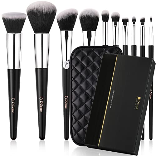 DUcare Travel Makeup Brushes with Bag 10Pcs Makeup Brush set Premium Synthetic Kabuki Foundation Blending Brush Face Powder Blush Concealers Eye Shadows - color: black with brushes bag