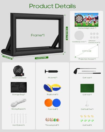 3-in-1 18FT Inflatable Projector Screen - Outdoor Movie Screen, Dart Board and Football Target with 250W Blower, Front/Rear Screen for Celebration & Outside Movie Night - size: 18FT