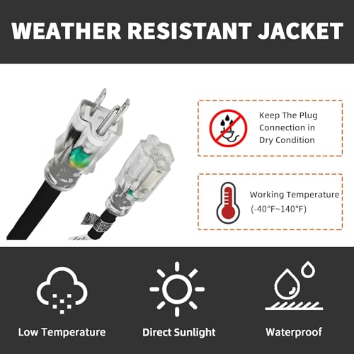 8 Ft Black Outdoor Extension Cord with Lighted End Weatherproof 10 Gauge | UL Certified 10/3 SJTW Cable, 15A Rated, Suitable for Heavy Duty Tools, Garden and Outdoor Use - size: 8FT, style: 10/3