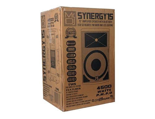 MR DJ SYNERGY15 15" Portable Bluetooth PA Speaker System 4500W Bluetooth Speaker Portable PA System with Microphone input, Party Lights, MP3/USB SD Card Reader, Rolling Wheels