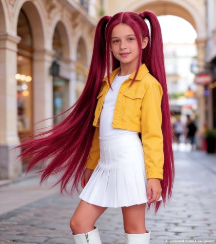 Hot Pink Cosplay Wig for Kids with 2 Ponytails, Long Straight Synthetic Wig | Synthetic anime-style wig for Halloween,carnival,costume parties, cosplay role play,and themed dress-up events - color: Hot Pink