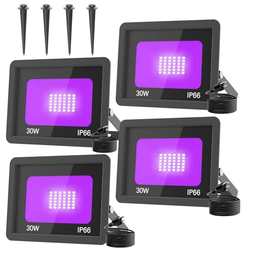 T-SUN 30W LED Black Lights 4 Pack, Blacklight Flood Light with Plug | Outdoor Waterproof Black Flood Lights for Halloween Decoration, Neon Glow for Party Fluorescent Poster, Body Paint