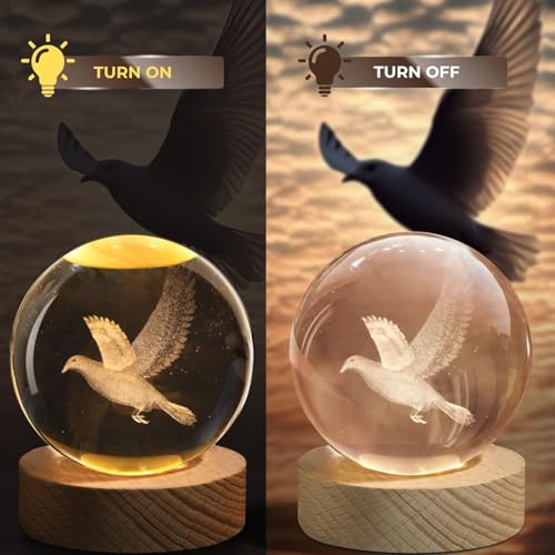 Flexzion 3D Bird Crystal Ball Lamp, 3.15 inch (80mm), USB Night Light | Bird Lamp with Solid Beech Wood Base and Adjustable Brightness for Bedrooms, Nightstands, Desks, Shelves and Room Decor - size: 3.15 inch (80mm), style: Bird
