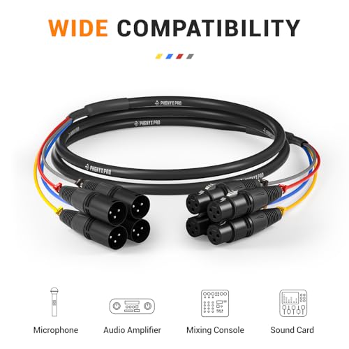 Phenyx Pro 4-Channel 6 ft XLR Microphone Snake Cable PCBL-4IN1-6 | 4-in-1 Color-Coded Design, 3-Pin Male-to-Female XLR, 24 AWG OFC Copper, Mixers, IEM, Mic Systems - size: 6 Feet