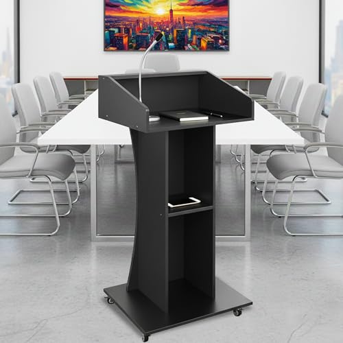 Podium Stand with Lockable Wheels,47"H Wooden Podium for Classroom, Mobile Pulpit Lectern with 3 Storage Shelves for Church, Office,Conference Room (Black) - color: Black